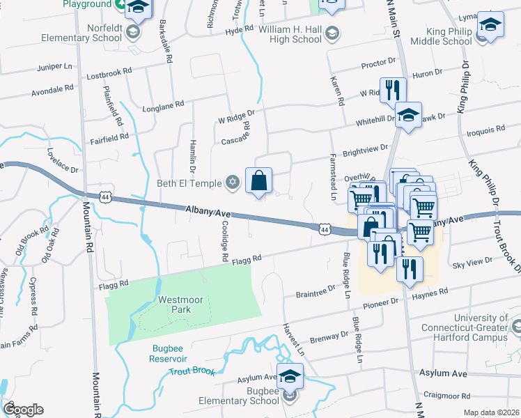 map of restaurants, bars, coffee shops, grocery stores, and more near 2600 U.S. 44 in West Hartford