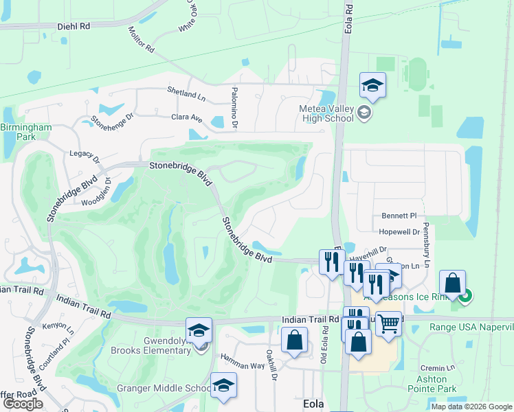 map of restaurants, bars, coffee shops, grocery stores, and more near 1428 Greenlake Drive in Aurora