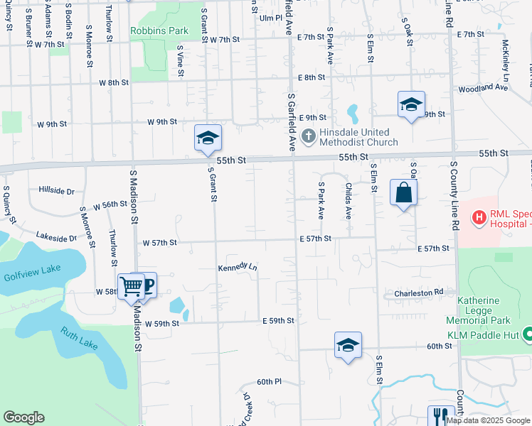 map of restaurants, bars, coffee shops, grocery stores, and more near 5609 South Washington Street in Hinsdale