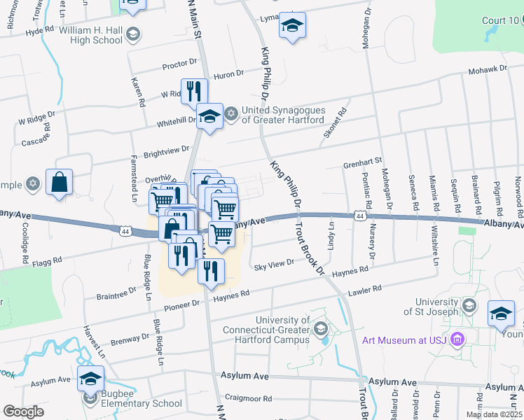 map of restaurants, bars, coffee shops, grocery stores, and more near 2432 Albany Avenue in West Hartford
