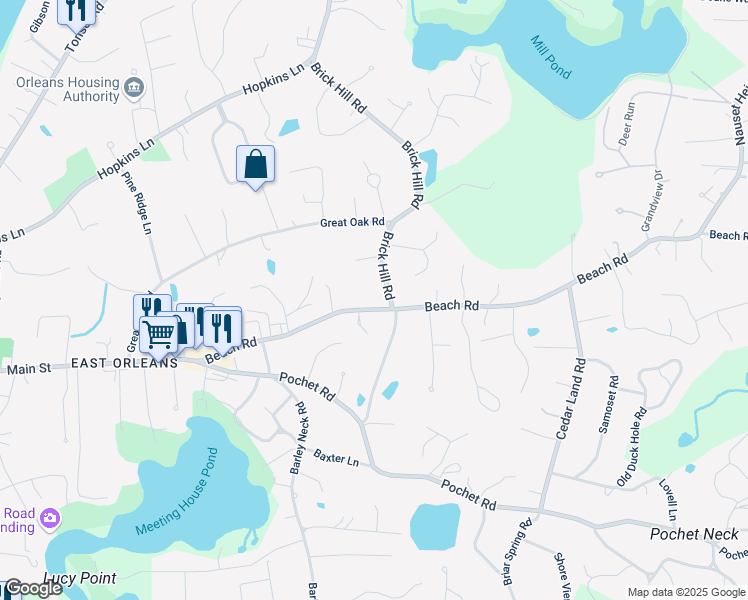 map of restaurants, bars, coffee shops, grocery stores, and more near 62 Beach Road in Orleans
