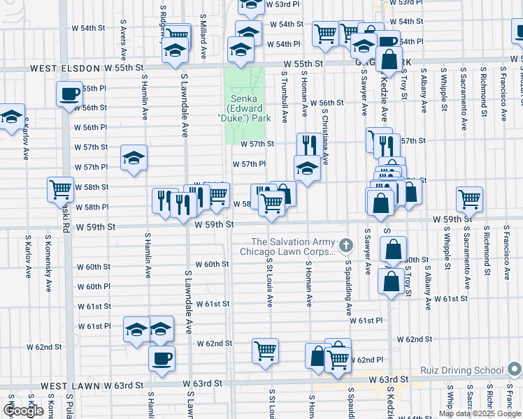 map of restaurants, bars, coffee shops, grocery stores, and more near 3505 West 58th Place in Chicago