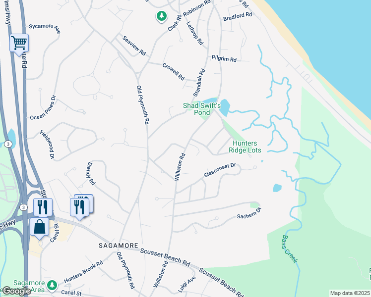 map of restaurants, bars, coffee shops, grocery stores, and more near 132 Plymouth Heights Road in Bourne