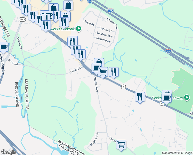 map of restaurants, bars, coffee shops, grocery stores, and more near 1455 Fall River Avenue in Seekonk