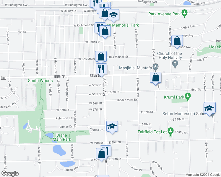 map of restaurants, bars, coffee shops, grocery stores, and more near 430 South Linden Avenue in Westmont