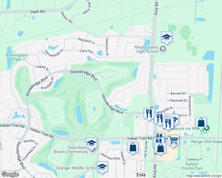 map of restaurants, bars, coffee shops, grocery stores, and more near 1428 Greenlake Drive in Aurora