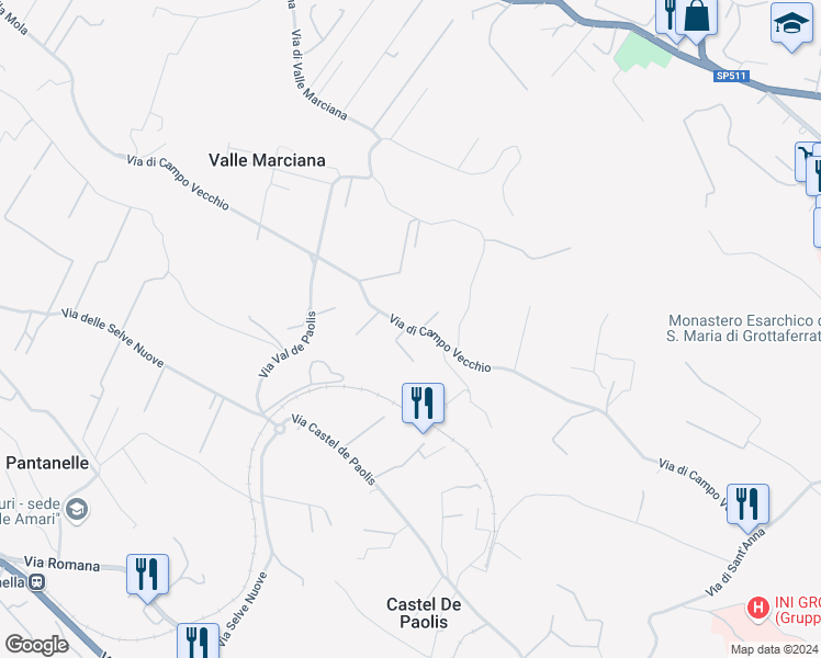 map of restaurants, bars, coffee shops, grocery stores, and more near 32 Via di Campo Vecchio in Grottaferrata