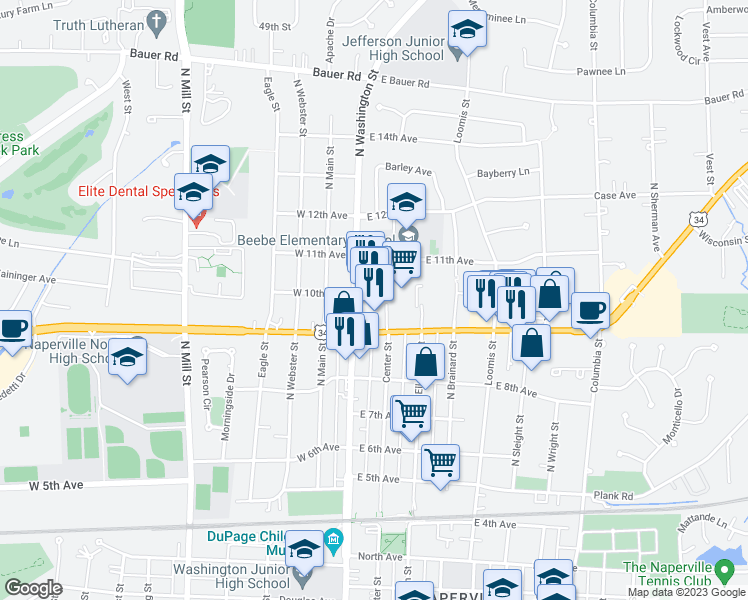 map of restaurants, bars, coffee shops, grocery stores, and more near 115 East Ogden Avenue in Naperville