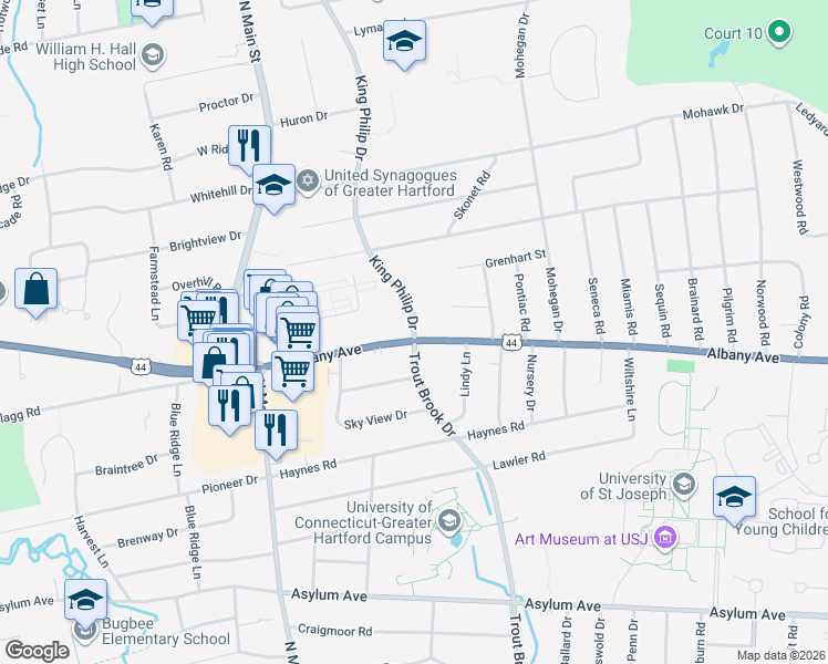 map of restaurants, bars, coffee shops, grocery stores, and more near 1 King Philip Drive in West Hartford