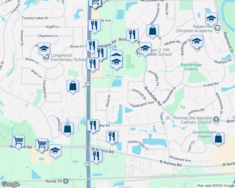 map of restaurants, bars, coffee shops, grocery stores, and more near 2724 Sheridan Court in Naperville