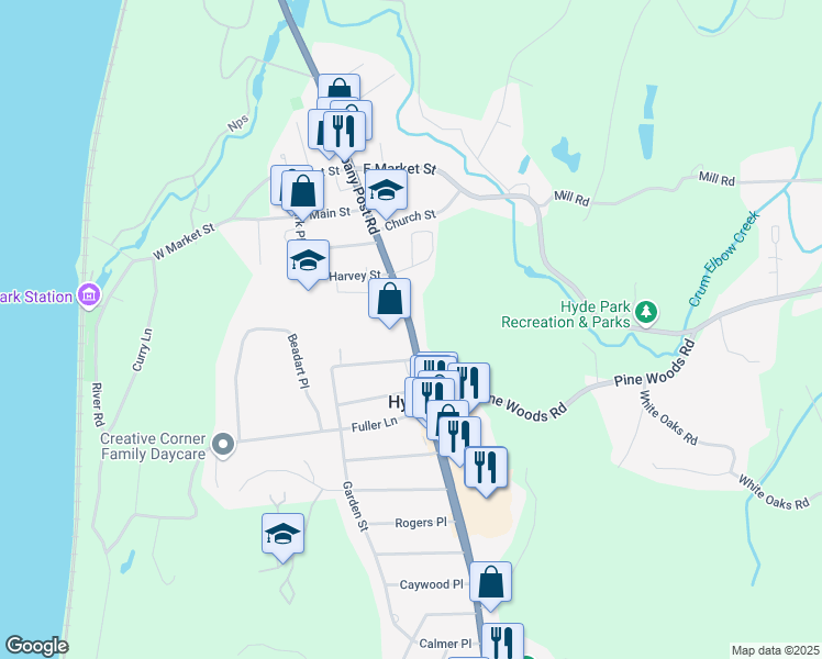 map of restaurants, bars, coffee shops, grocery stores, and more near 1641 New York State Bicycle Route 9 in Hyde Park