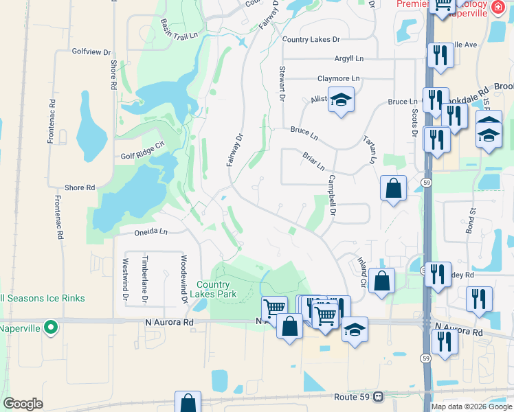 map of restaurants, bars, coffee shops, grocery stores, and more near 997 Fairway Drive in Naperville