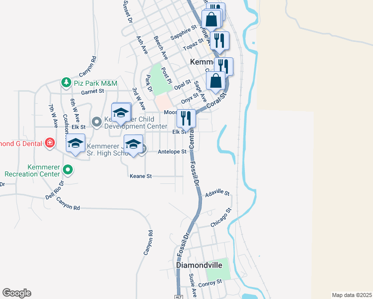 map of restaurants, bars, coffee shops, grocery stores, and more near 1405 Central Avenue in Kemmerer