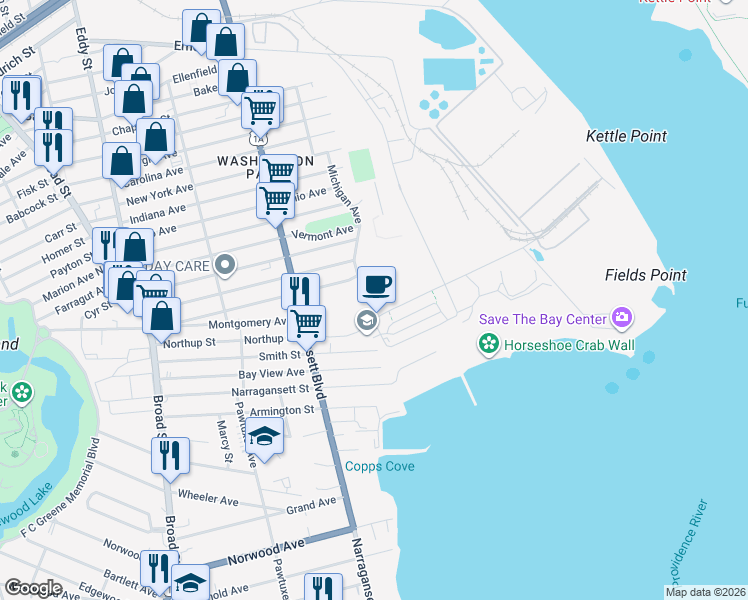 map of restaurants, bars, coffee shops, grocery stores, and more near 92 Alabama Avenue in Providence