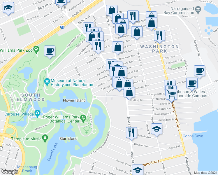 map of restaurants, bars, coffee shops, grocery stores, and more near 45 Farragut Avenue in Providence