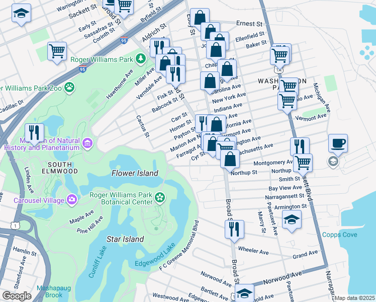 map of restaurants, bars, coffee shops, grocery stores, and more near 45 Farragut Avenue in Providence