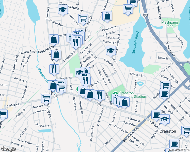 map of restaurants, bars, coffee shops, grocery stores, and more near 172 Jordan Avenue in Cranston