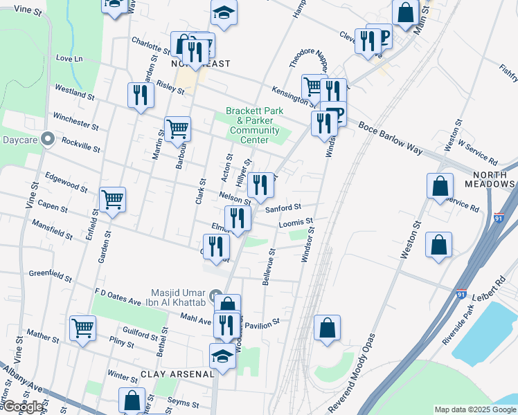 map of restaurants, bars, coffee shops, grocery stores, and more near 2434 Main Street in Hartford