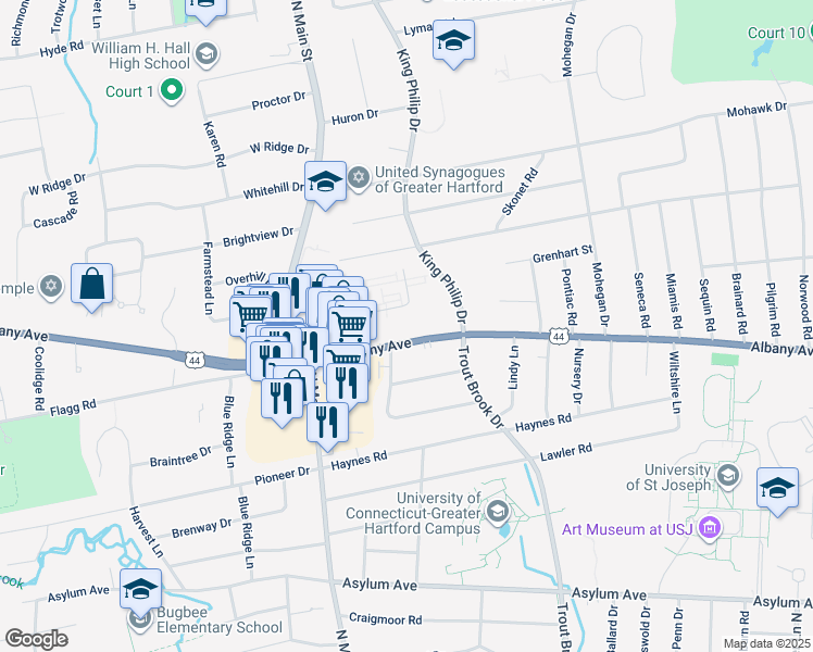 map of restaurants, bars, coffee shops, grocery stores, and more near 2410 Albany Avenue in West Hartford