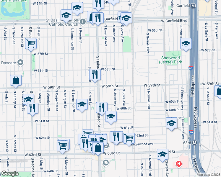 map of restaurants, bars, coffee shops, grocery stores, and more near 725 West 59th Street in Chicago