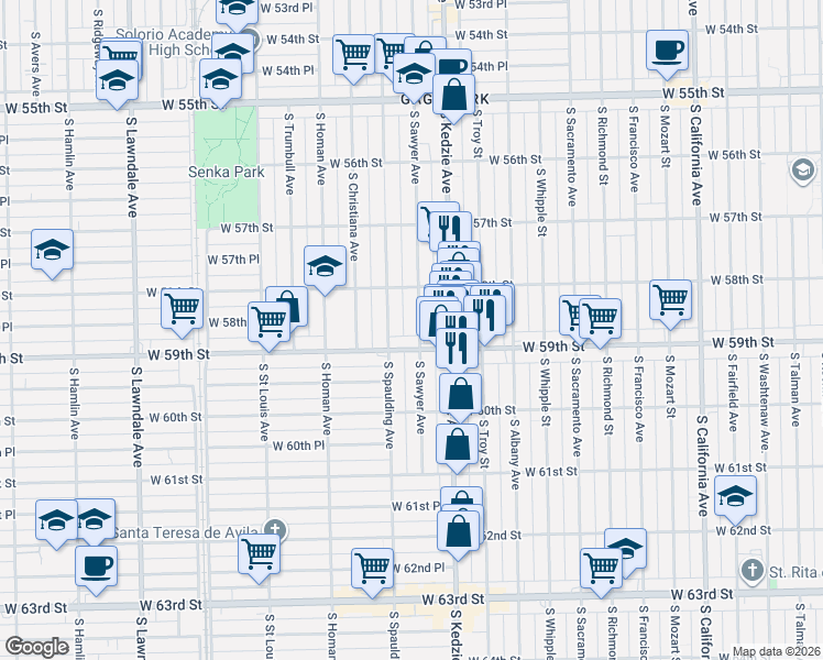 map of restaurants, bars, coffee shops, grocery stores, and more near 5834 South Sawyer Avenue in Chicago