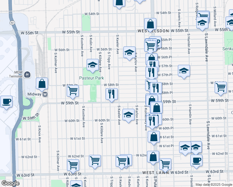 map of restaurants, bars, coffee shops, grocery stores, and more near 4152 West 58th Place in Chicago