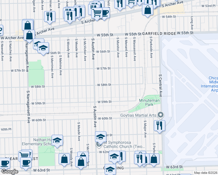 map of restaurants, bars, coffee shops, grocery stores, and more near 5800 South Mayfield Avenue in Chicago