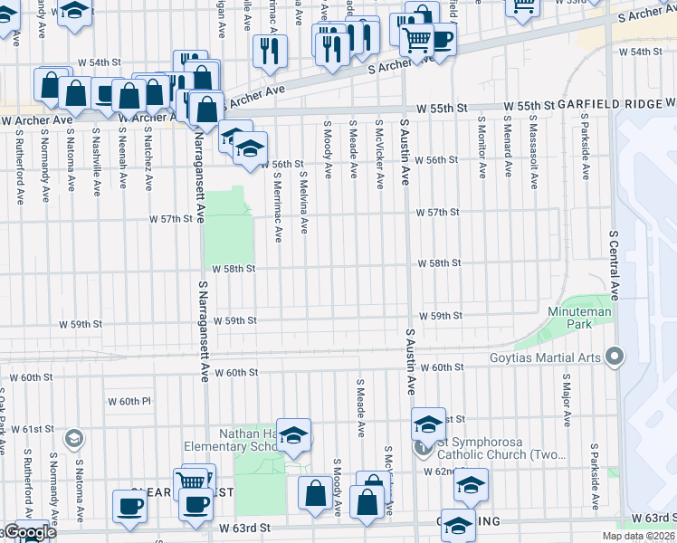 map of restaurants, bars, coffee shops, grocery stores, and more near 5759 South Moody Avenue in Chicago