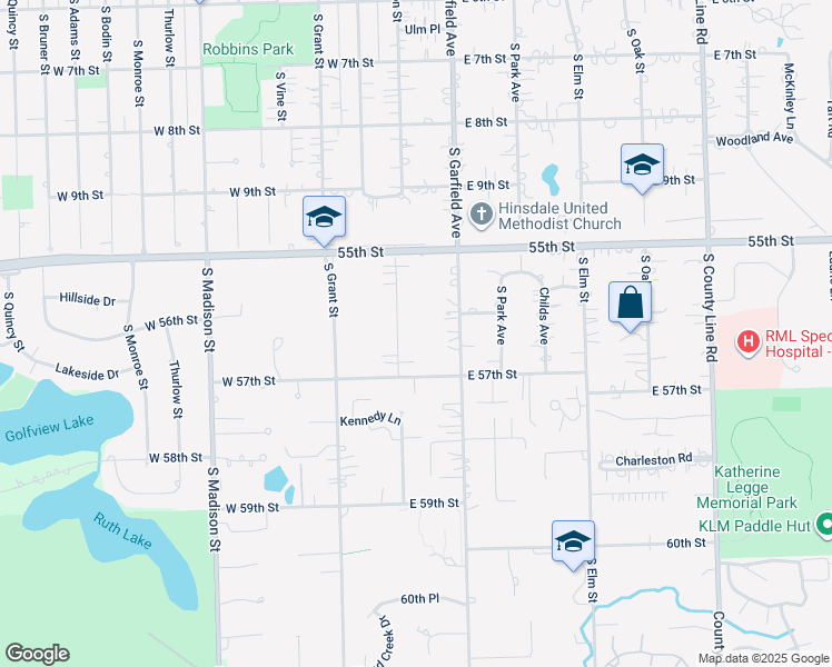 map of restaurants, bars, coffee shops, grocery stores, and more near 5609 South Washington Street in Hinsdale