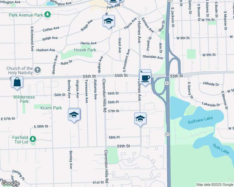 map of restaurants, bars, coffee shops, grocery stores, and more near 224 55th Street in Clarendon Hills