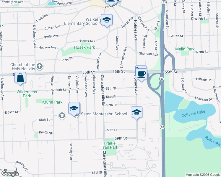 map of restaurants, bars, coffee shops, grocery stores, and more near 224 55th Street in Clarendon Hills