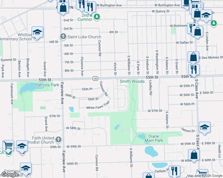 map of restaurants, bars, coffee shops, grocery stores, and more near 5512 King Arthur Court in Westmont