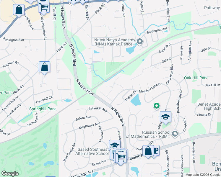 map of restaurants, bars, coffee shops, grocery stores, and more near 25W041 Oriole Lane in Naperville