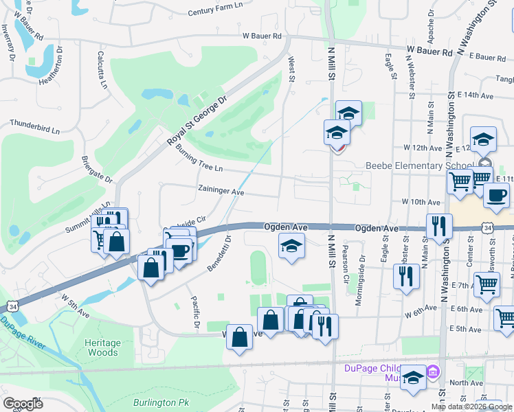map of restaurants, bars, coffee shops, grocery stores, and more near 630 Zaininger Avenue in Naperville
