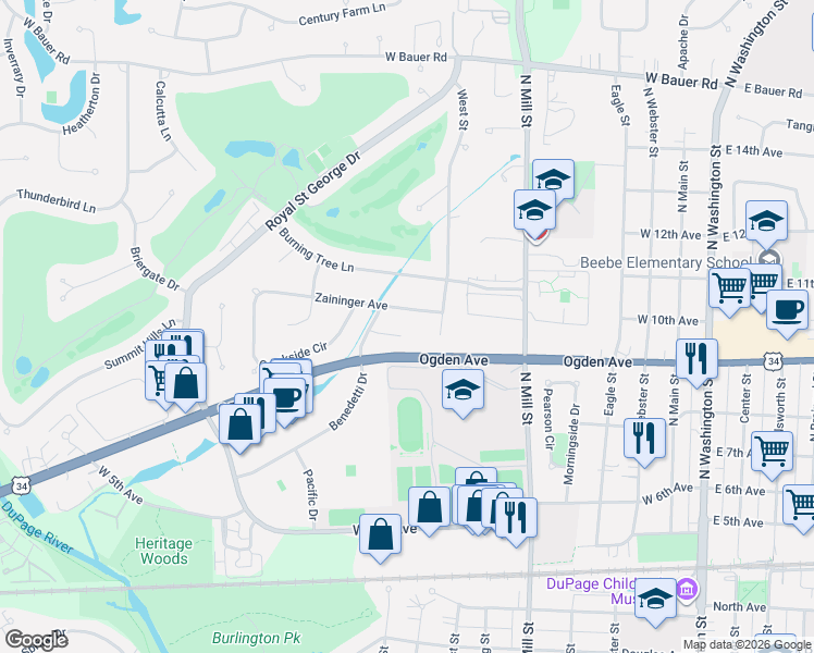map of restaurants, bars, coffee shops, grocery stores, and more near 630 Zaininger Avenue in Naperville