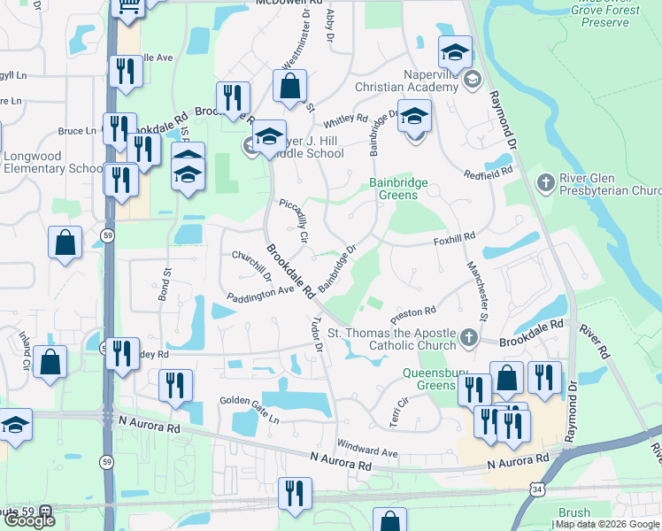 map of restaurants, bars, coffee shops, grocery stores, and more near 1104 Queens Court in Naperville