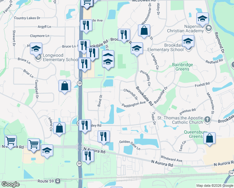 map of restaurants, bars, coffee shops, grocery stores, and more near 1861 Paddington Avenue in Naperville