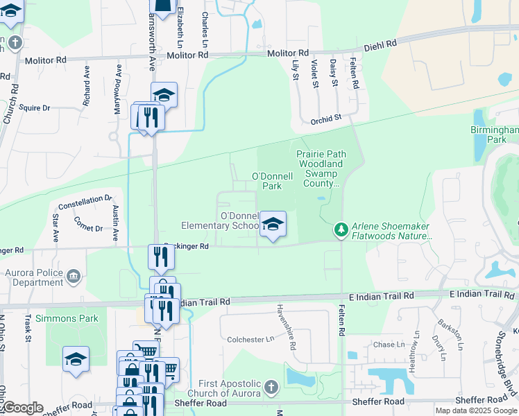 map of restaurants, bars, coffee shops, grocery stores, and more near 1417 McClure Road in Aurora