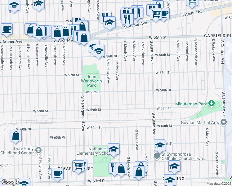 map of restaurants, bars, coffee shops, grocery stores, and more near 5800 South Melvina Avenue in Chicago