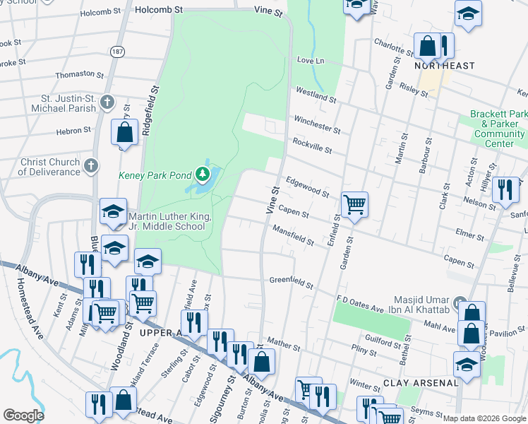 map of restaurants, bars, coffee shops, grocery stores, and more near 13 Keney Terrace in Hartford