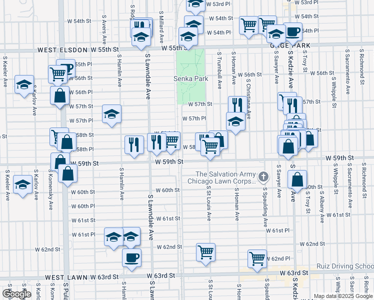 map of restaurants, bars, coffee shops, grocery stores, and more near 3543 West 58th Place in Chicago