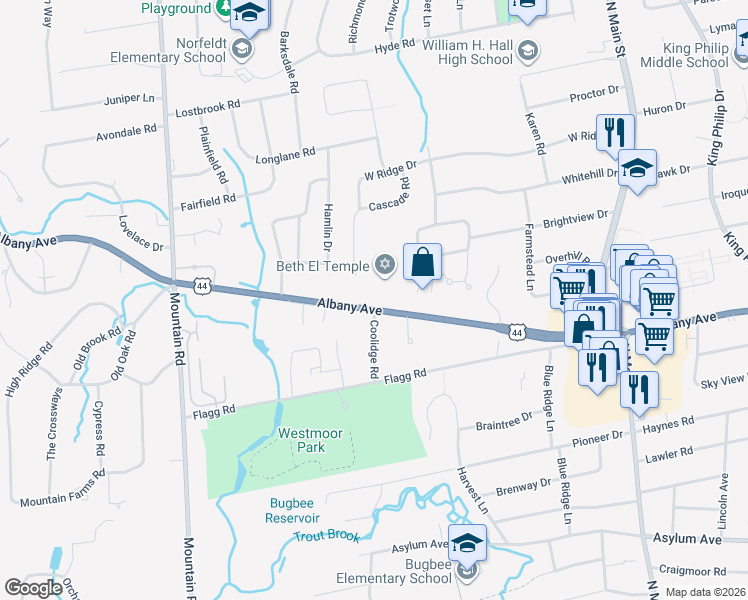 map of restaurants, bars, coffee shops, grocery stores, and more near 2636 Albany Avenue in West Hartford