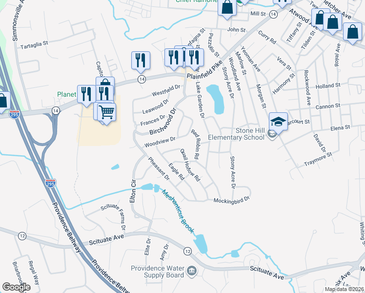 map of restaurants, bars, coffee shops, grocery stores, and more near 40 Quail Hollow Rd in Cranston