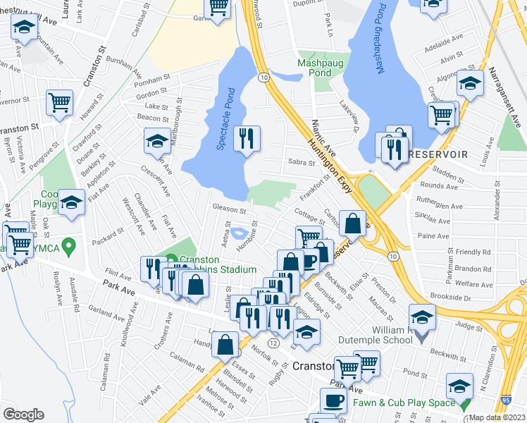map of restaurants, bars, coffee shops, grocery stores, and more near 4 Frankfort Street in Cranston
