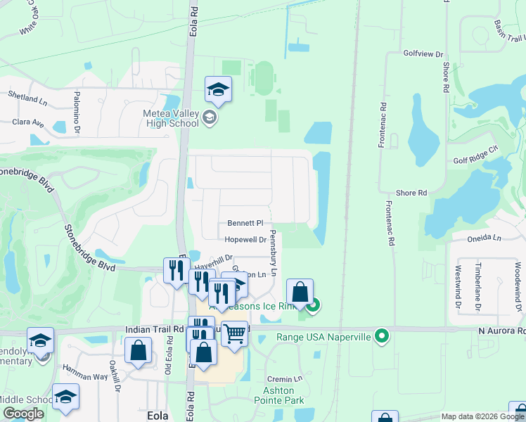 map of restaurants, bars, coffee shops, grocery stores, and more near 1387 Burnett Road in Aurora