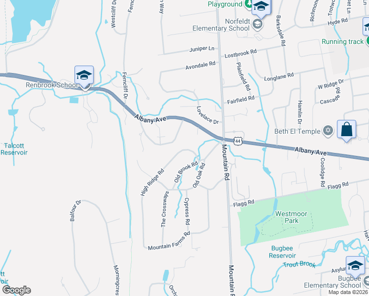 map of restaurants, bars, coffee shops, grocery stores, and more near 16 High Ridge Road in West Hartford