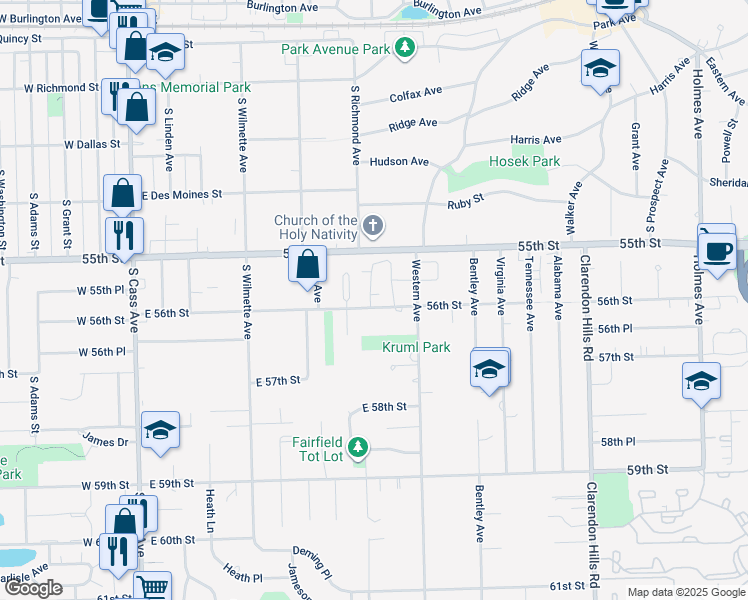 map of restaurants, bars, coffee shops, grocery stores, and more near 433 Hill Court in Clarendon Hills