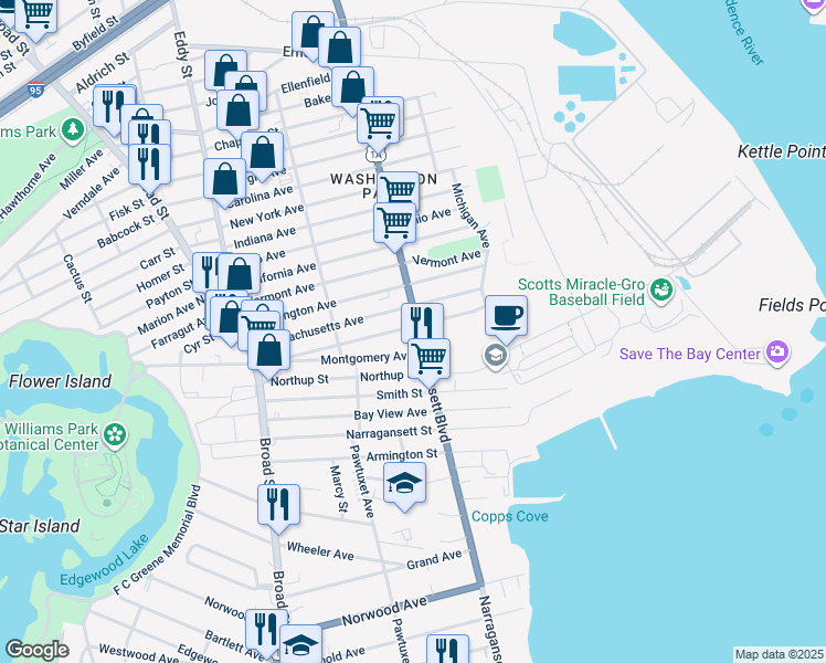 map of restaurants, bars, coffee shops, grocery stores, and more near 995 Narragansett Boulevard in Providence