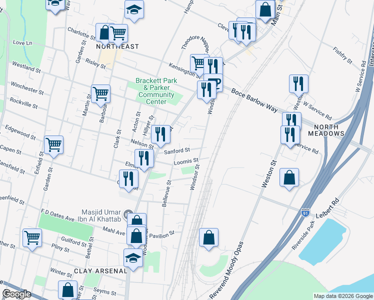 map of restaurants, bars, coffee shops, grocery stores, and more near 66 Sanford Street in Hartford