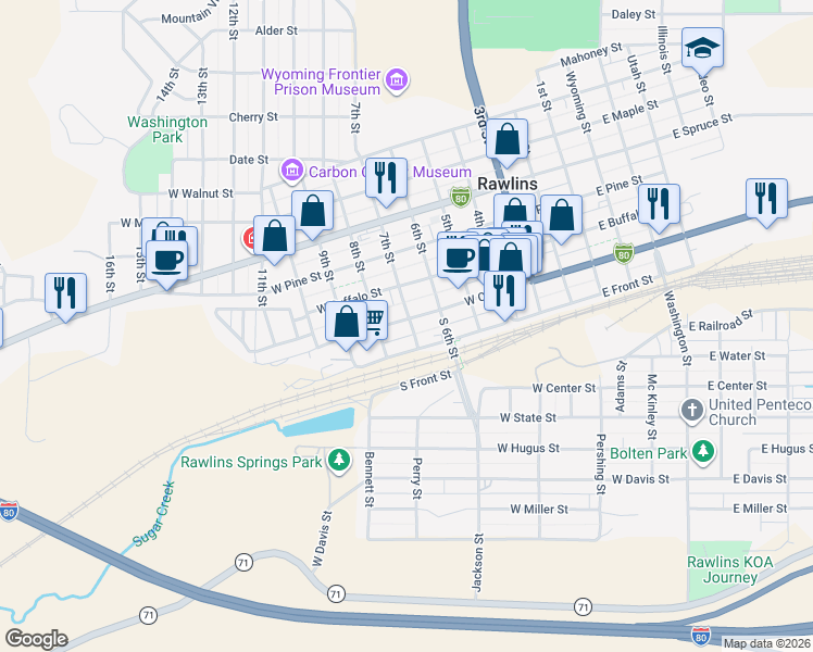 map of restaurants, bars, coffee shops, grocery stores, and more near 124 7th Street in Rawlins